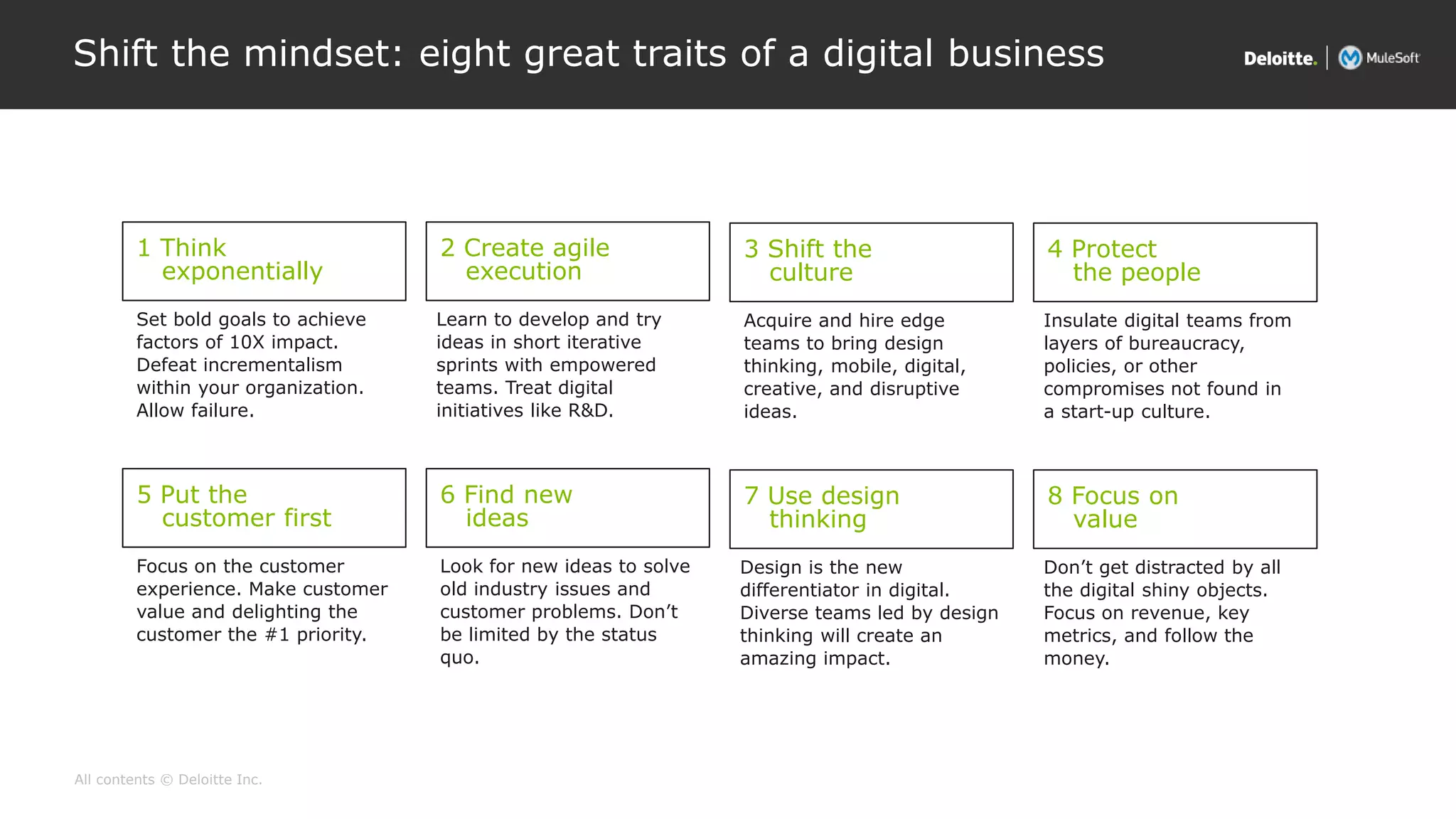All contents © Deloitte Inc.
2 Create agile
execution
Learn to develop and try
ideas in short iterative
sprints with empowered
teams. Treat digital
initiatives like R&D.
1 Think
exponentially
Set bold goals to achieve
factors of 10X impact.
Defeat incrementalism
within your organization.
Allow failure.
3 Shift the
culture
Acquire and hire edge
teams to bring design
thinking, mobile, digital,
creative, and disruptive
ideas.
4 Protect
the people
Insulate digital teams from
layers of bureaucracy,
policies, or other
compromises not found in
a start-up culture.
6 Find new
ideas
Look for new ideas to solve
old industry issues and
customer problems. Don’t
be limited by the status
quo.
5 Put the
customer first
Focus on the customer
experience. Make customer
value and delighting the
customer the #1 priority.
7 Use design
thinking
Design is the new
differentiator in digital.
Diverse teams led by design
thinking will create an
amazing impact.
8 Focus on
value
Don’t get distracted by all
the digital shiny objects.
Focus on revenue, key
metrics, and follow the
money.
Shift the mindset: eight great traits of a digital business
 