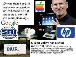 Driving Hong Kong   to
become a Knowledge-
based Economy is not
the same as central
economic planning …




                         Silicon Valley has a solid
                         industrial base: Strong manufacturing
                         capacity, R&D, creativity and presence of grateful
                         entrepreneurs … Steve Jobs used US$150 million
                         from Bill Gates to restart Apple in 1997.
 