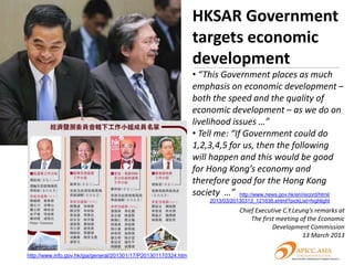 HKSAR Government
                                                                 targets economic
                                                                 development
                                                                 • “This Government places as much
                                                                 emphasis on economic development –
                                                                 both the speed and the quality of
                                                                 economic development – as we do on
                                                                 livelihood issues …”
                                                                 • Tell me: “If Government could do
                                                                 1,2,3,4,5 for us, then the following
                                                                 will happen and this would be good
                                                                 for Hong Kong’s economy and
                                                                 therefore good for the Hong Kong
                                                                 society …” http://www.news.gov.hk/en/record/html/
                                                                      2013/03/20130313_121636.shtml?pickList=highlight
                                                                                 Chief Executive C.Y.Leung’s remarks at
                                                                                     The first meeting of the Economic
                                                                                             Development Commission
                                                                                                        13 March 2013

http://www.info.gov.hk/gia/general/201301/17/P201301170324.htm
 