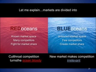 Let me explain…markets are divided into<br />BLUEoceans<br />REDoceans<br />Unknown market space<br />Few competitors<br /...