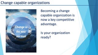 Change capable organizations

Becoming a change
capable organization is
now a key competitive
advantage.
Is your organization
ready?

 