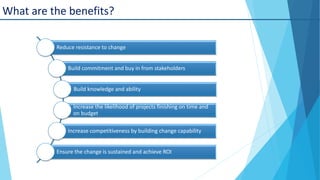 What are the benefits?
Reduce resistance to change
Build commitment and buy in from stakeholders

Build knowledge and ability
Increase the likelihood of projects finishing on time and
on budget
Increase competitiveness by building change capability
Ensure the change is sustained and achieve ROI

 