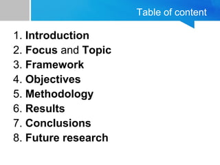 Table of content
1. Introduction
2. Focus and Topic
3. Framework
4. Objectives
5. Methodology
6. Results
7. Conclusions
8. Future research
 