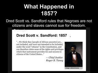 Dred Scott vs. Sandford rules that Negroes are not
citizens and slaves cannot sue for freedom.
What Happened in
1857?
 