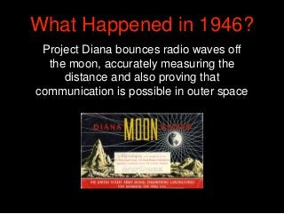 What Happened in 1946?
Project Diana bounces radio waves off
the moon, accurately measuring the
distance and also proving ...