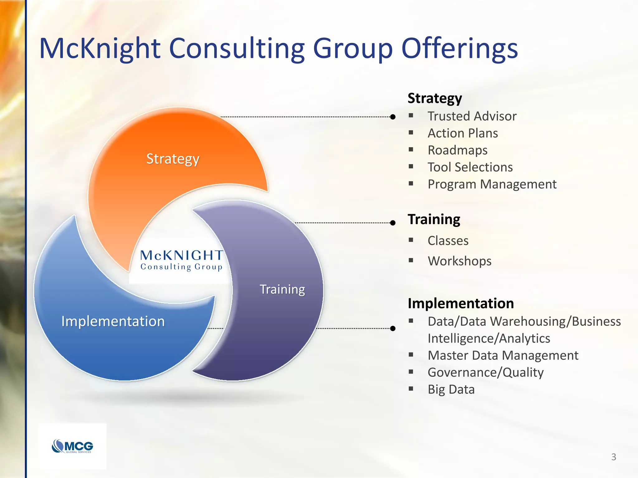 McKnight Consulting Group Offerings
Strategy
Training
Strategy
 Trusted Advisor
 Action Plans
 Roadmaps
 Tool Selections
 Program Management
Training
 Classes
 Workshops
Implementation
 Data/Data Warehousing/Business
Intelligence/Analytics
 Master Data Management
 Governance/Quality
 Big Data
Implementation
3
 
