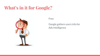 What’s in it for Google?
Free
Google gathers users info for
Ads Intelligence
 