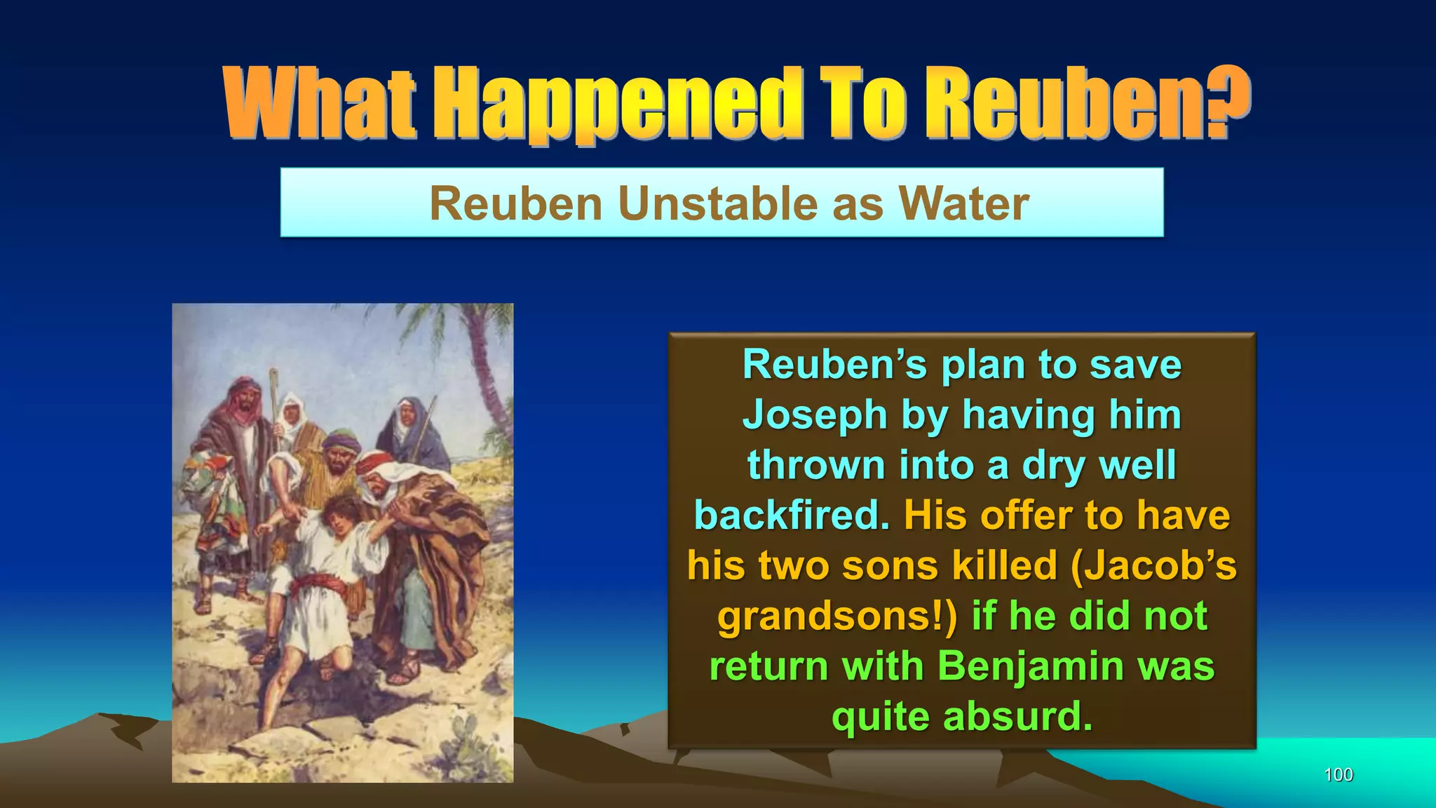 100
Reuben Unstable as Water
Reuben’s plan to save
Joseph by having him
thrown into a dry well
backfired. His offer to have
his two sons killed (Jacob’s
grandsons!) if he did not
return with Benjamin was
quite absurd.
 
