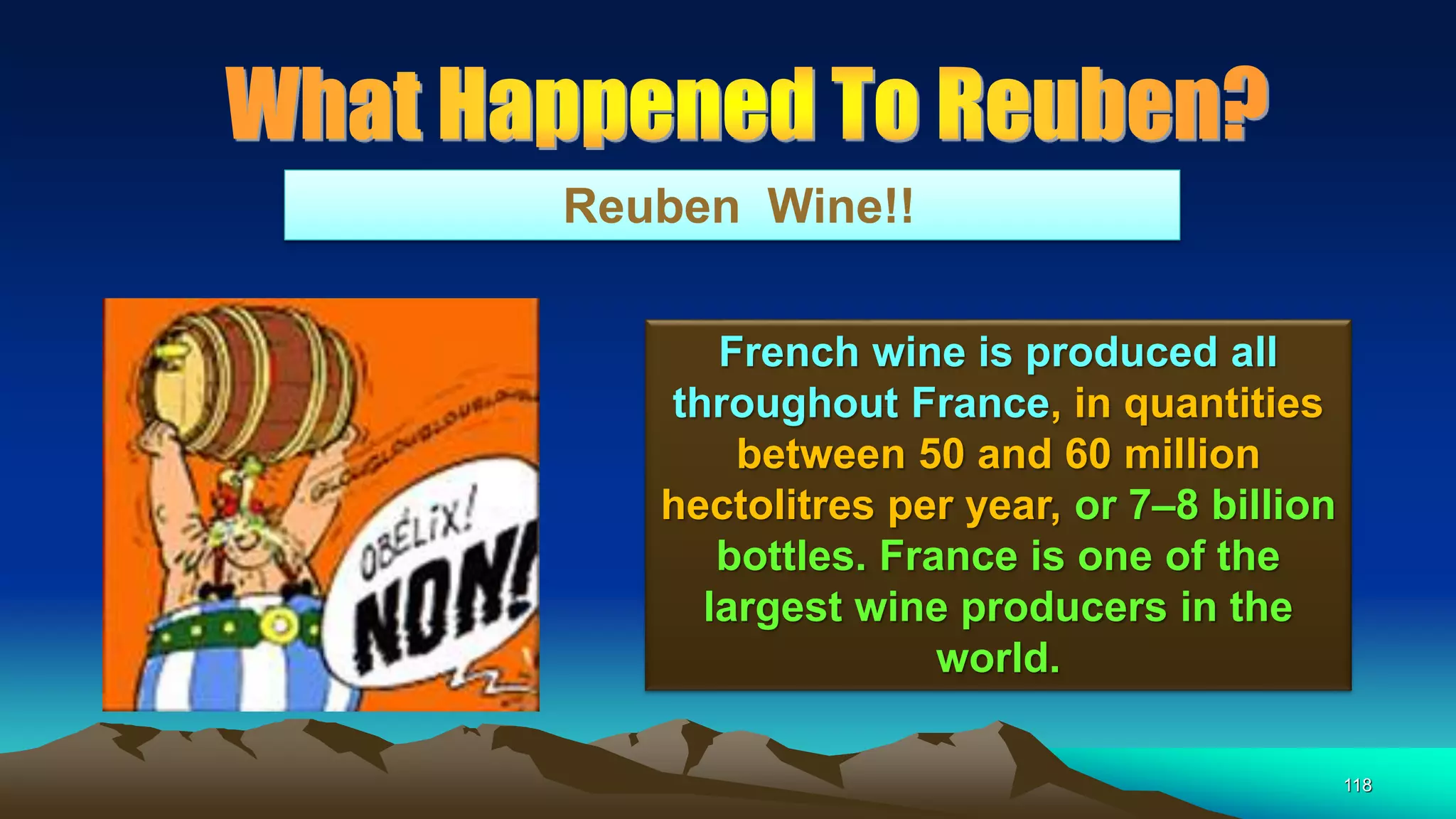 118
Reuben Wine!!
French wine is produced all
throughout France, in quantities
between 50 and 60 million
hectolitres per year, or 7–8 billion
bottles. France is one of the
largest wine producers in the
world.
 