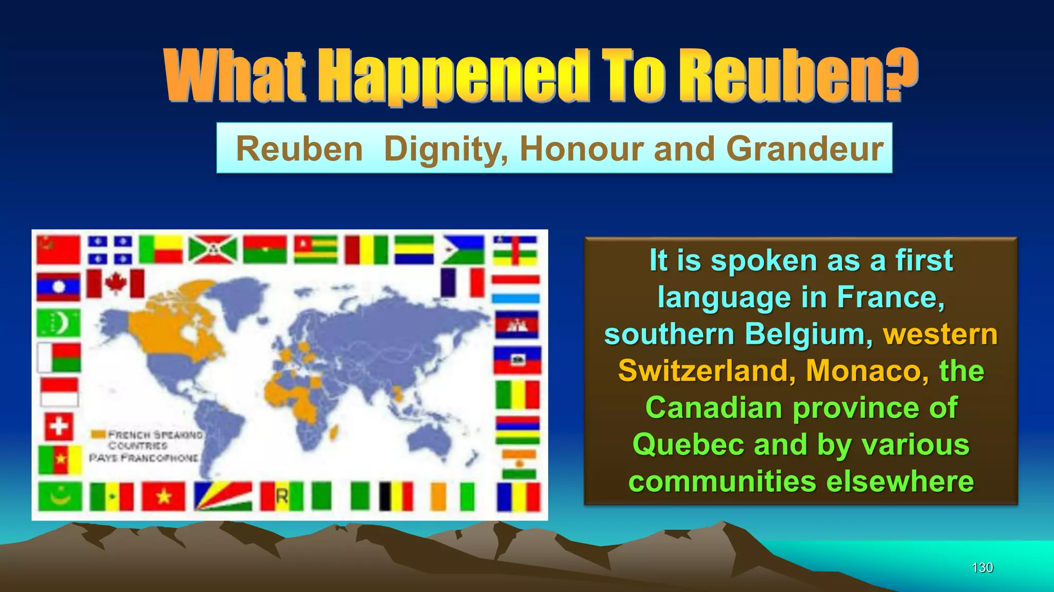 130
Reuben Dignity, Honour and Grandeur
It is spoken as a first
language in France,
southern Belgium, western
Switzerland, Monaco, the
Canadian province of
Quebec and by various
communities elsewhere
 
