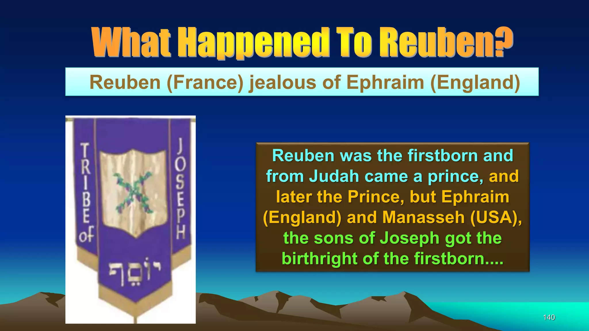 140
Reuben (France) jealous of Ephraim (England)
Reuben was the firstborn and
from Judah came a prince, and
later the Prince, but Ephraim
(England) and Manasseh (USA),
the sons of Joseph got the
birthright of the firstborn....
 