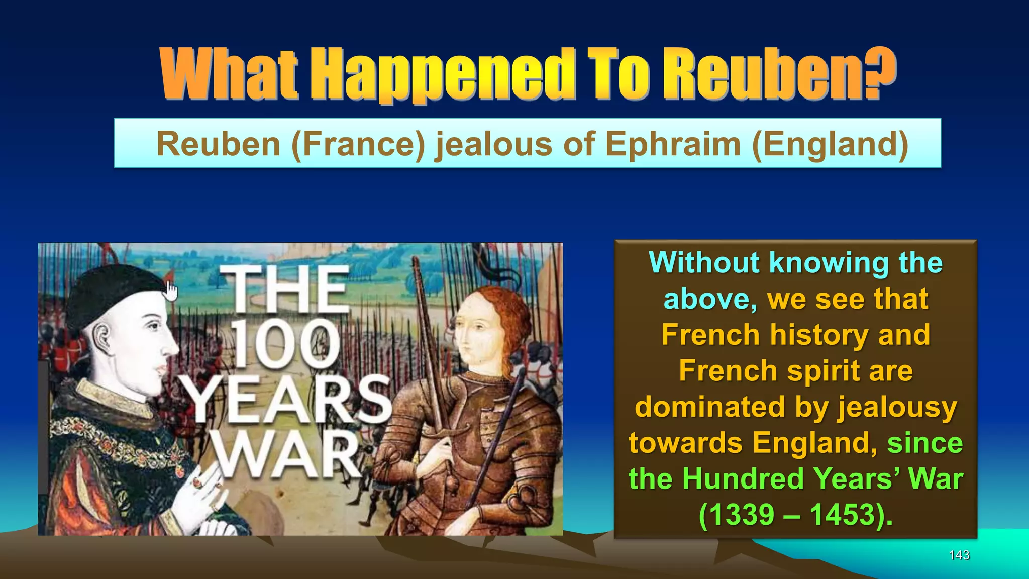 143
Reuben (France) jealous of Ephraim (England)
Without knowing the
above, we see that
French history and
French spirit are
dominated by jealousy
towards England, since
the Hundred Years’ War
(1339 – 1453).
 