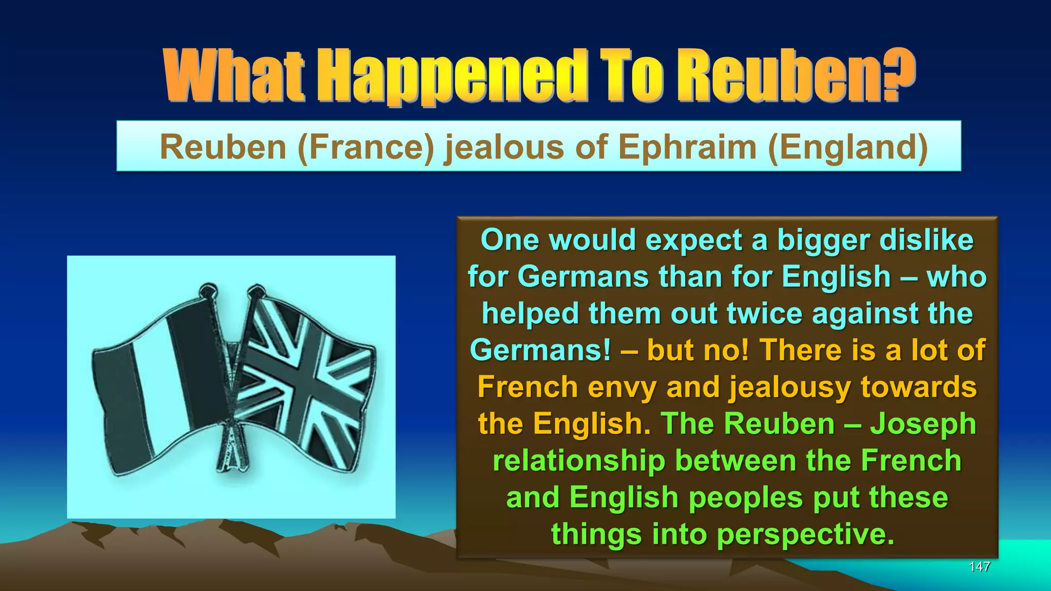 147
Reuben (France) jealous of Ephraim (England)
One would expect a bigger dislike
for Germans than for English – who
helped them out twice against the
Germans! – but no! There is a lot of
French envy and jealousy towards
the English. The Reuben – Joseph
relationship between the French
and English peoples put these
things into perspective.
 