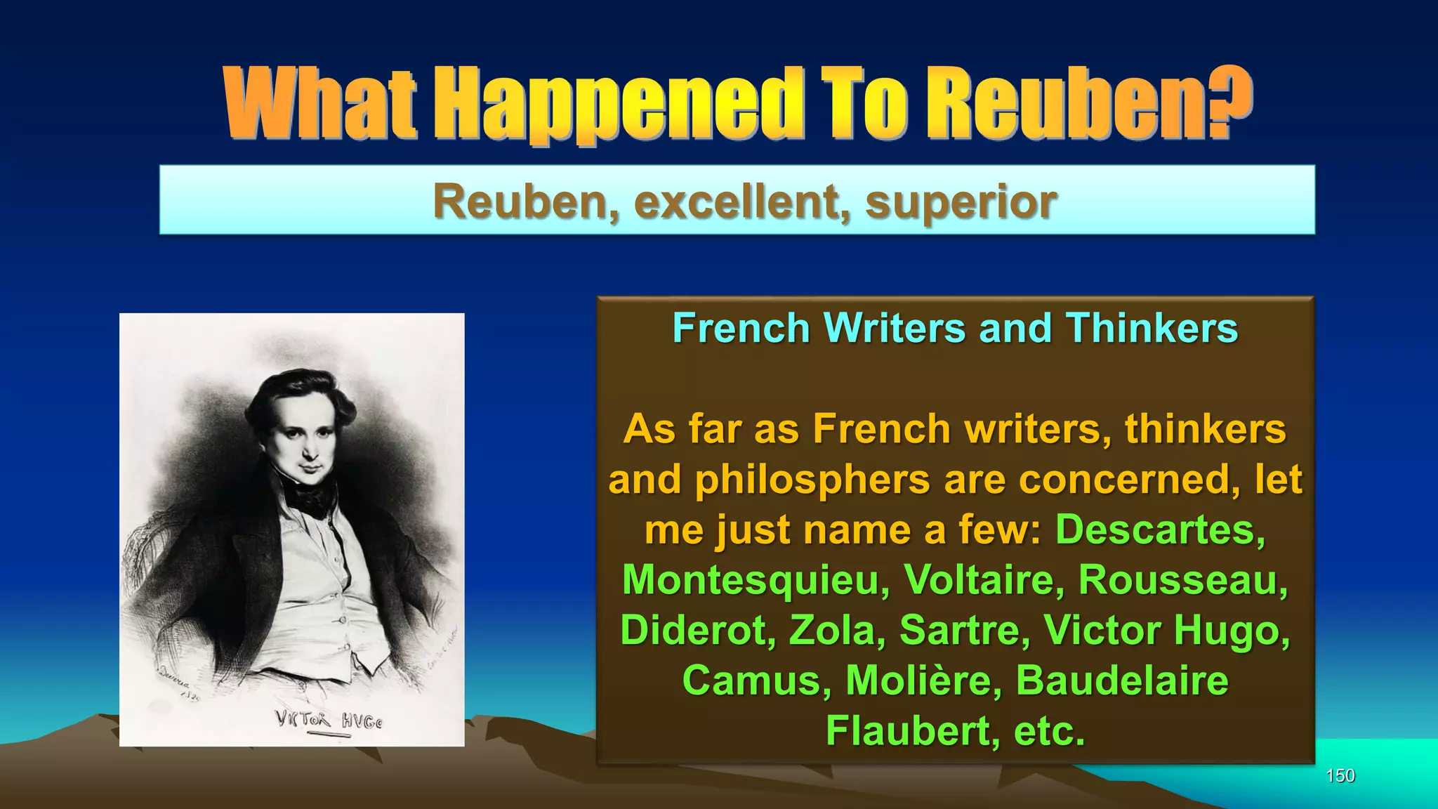 150
Reuben, excellent, superior
French Writers and Thinkers
As far as French writers, thinkers
and philosphers are concerned, let
me just name a few: Descartes,
Montesquieu, Voltaire, Rousseau,
Diderot, Zola, Sartre, Victor Hugo,
Camus, Molière, Baudelaire
Flaubert, etc.
 