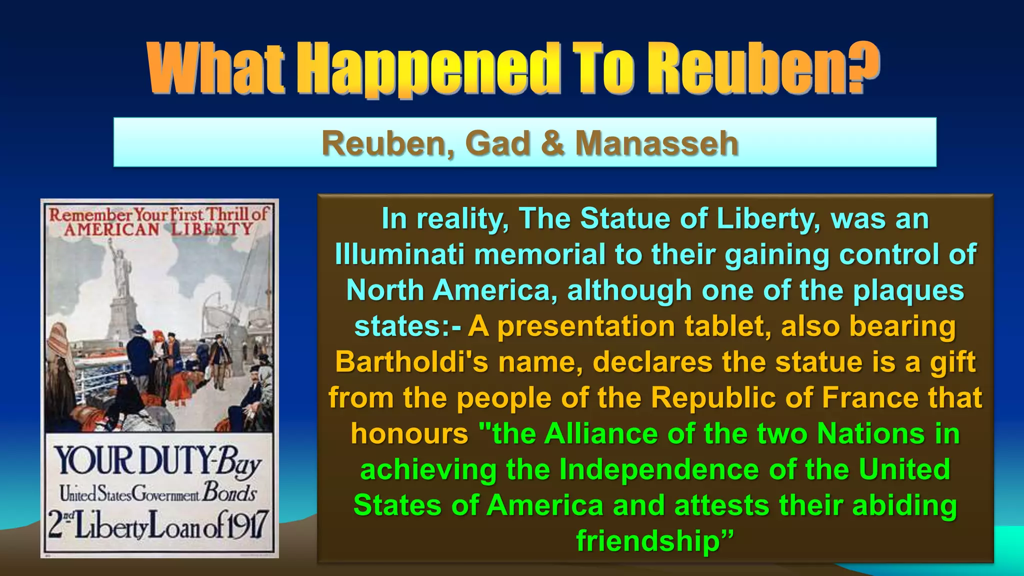 172
Reuben, Gad & Manasseh
In reality, The Statue of Liberty, was an
Illuminati memorial to their gaining control of
North America, although one of the plaques
states:- A presentation tablet, also bearing
Bartholdi's name, declares the statue is a gift
from the people of the Republic of France that
honours "the Alliance of the two Nations in
achieving the Independence of the United
States of America and attests their abiding
friendship”
 