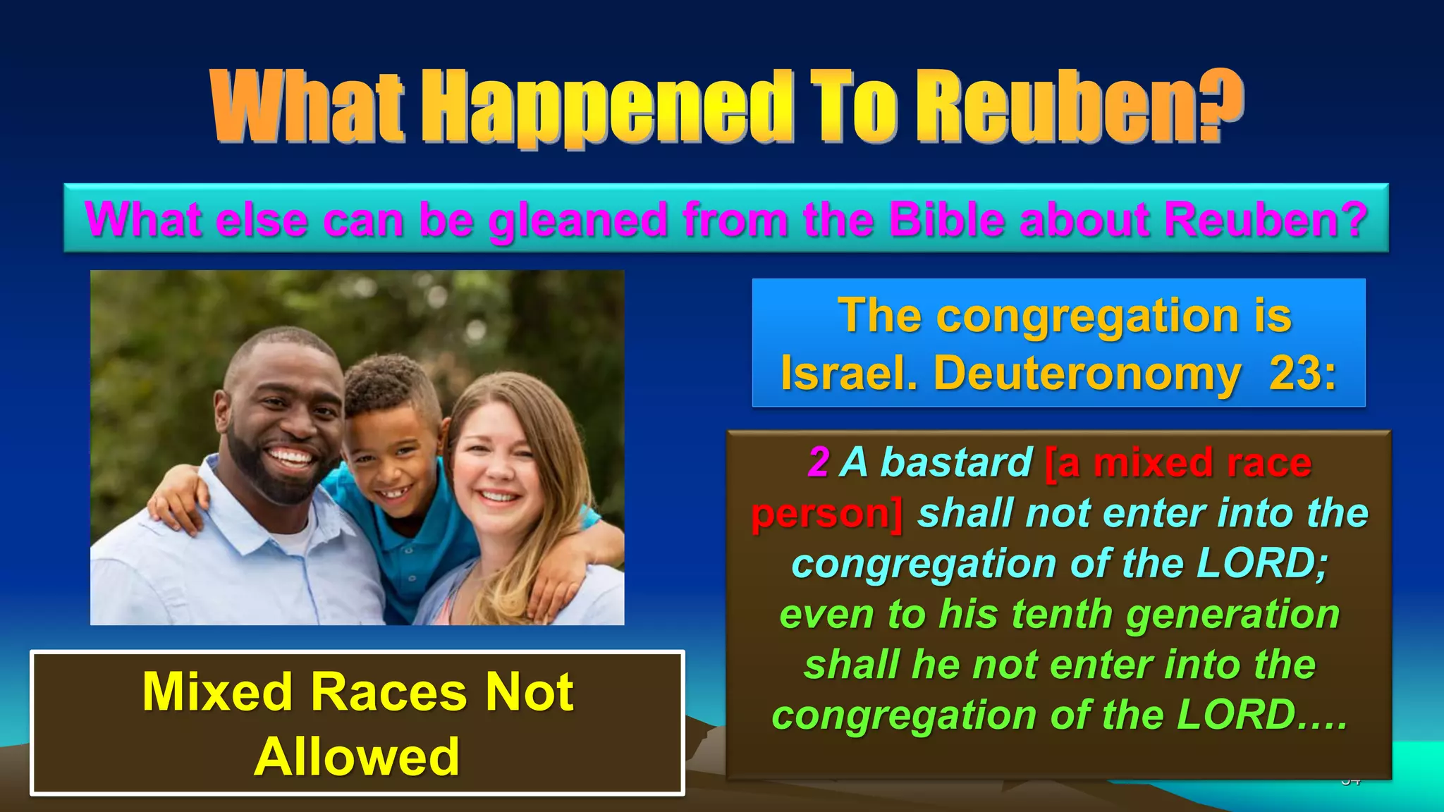 34
The congregation is
Israel. Deuteronomy 23:
What else can be gleaned from the Bible about Reuben?
2 A bastard [a mixed race
person] shall not enter into the
congregation of the LORD;
even to his tenth generation
shall he not enter into the
congregation of the LORD….Mixed Races Not
Allowed
 