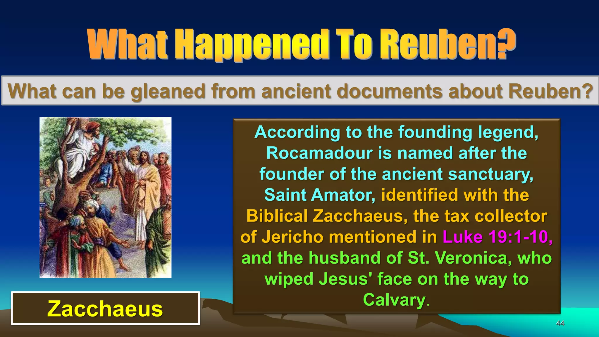 44
What can be gleaned from ancient documents about Reuben?
According to the founding legend,
Rocamadour is named after the
founder of the ancient sanctuary,
Saint Amator, identified with the
Biblical Zacchaeus, the tax collector
of Jericho mentioned in Luke 19:1-10,
and the husband of St. Veronica, who
wiped Jesus' face on the way to
Calvary.
Zacchaeus
 