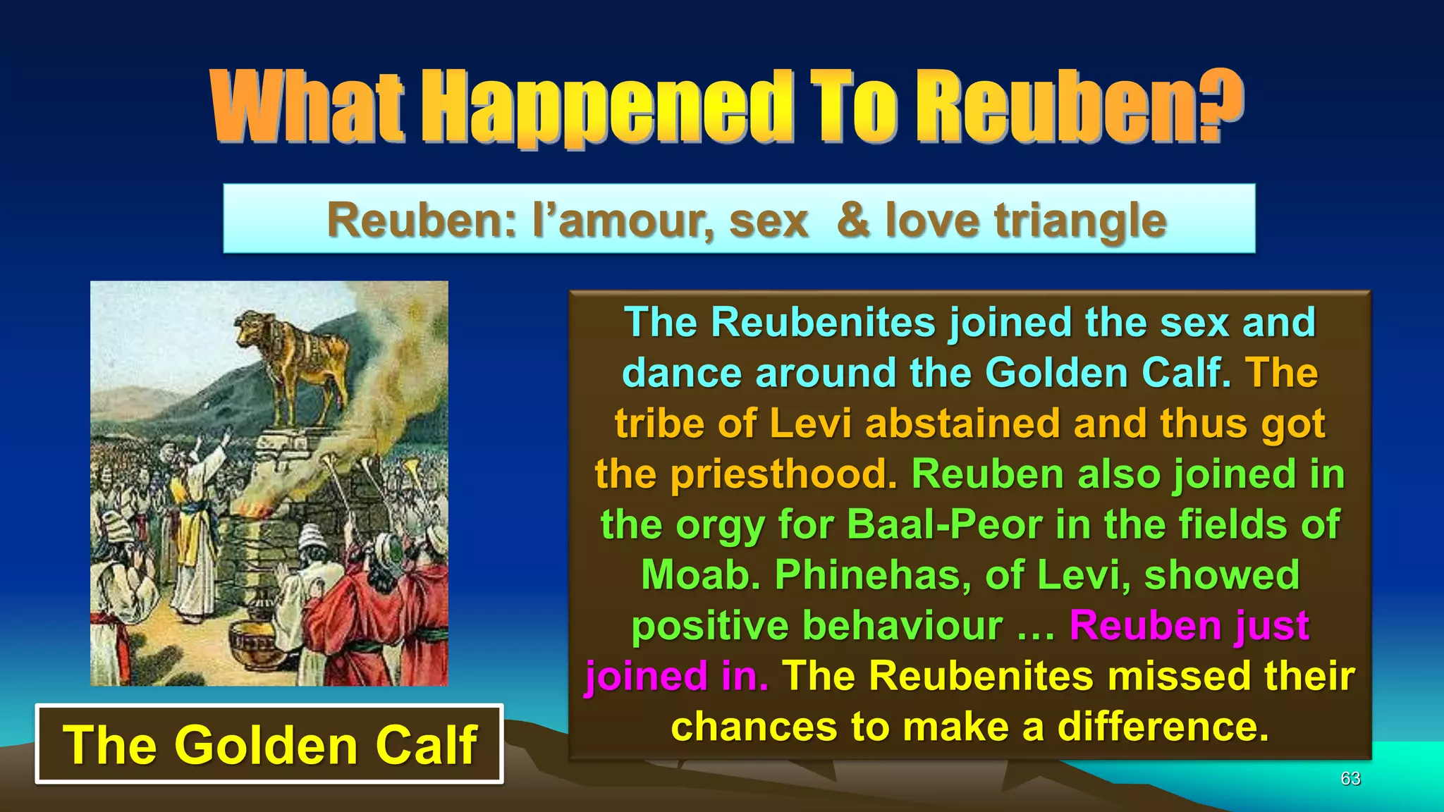 63
Reuben: l’amour, sex & love triangle
The Reubenites joined the sex and
dance around the Golden Calf. The
tribe of Levi abstained and thus got
the priesthood. Reuben also joined in
the orgy for Baal-Peor in the fields of
Moab. Phinehas, of Levi, showed
positive behaviour … Reuben just
joined in. The Reubenites missed their
chances to make a difference.
The Golden Calf
 