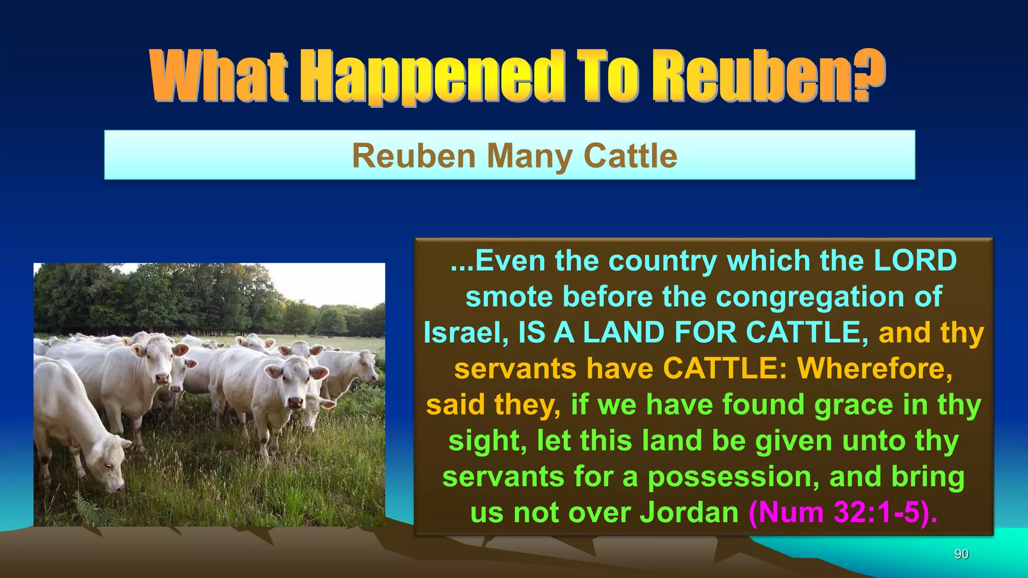 90
Reuben Many Cattle
...Even the country which the LORD
smote before the congregation of
Israel, IS A LAND FOR CATTLE, and thy
servants have CATTLE: Wherefore,
said they, if we have found grace in thy
sight, let this land be given unto thy
servants for a possession, and bring
us not over Jordan (Num 32:1-5).
 