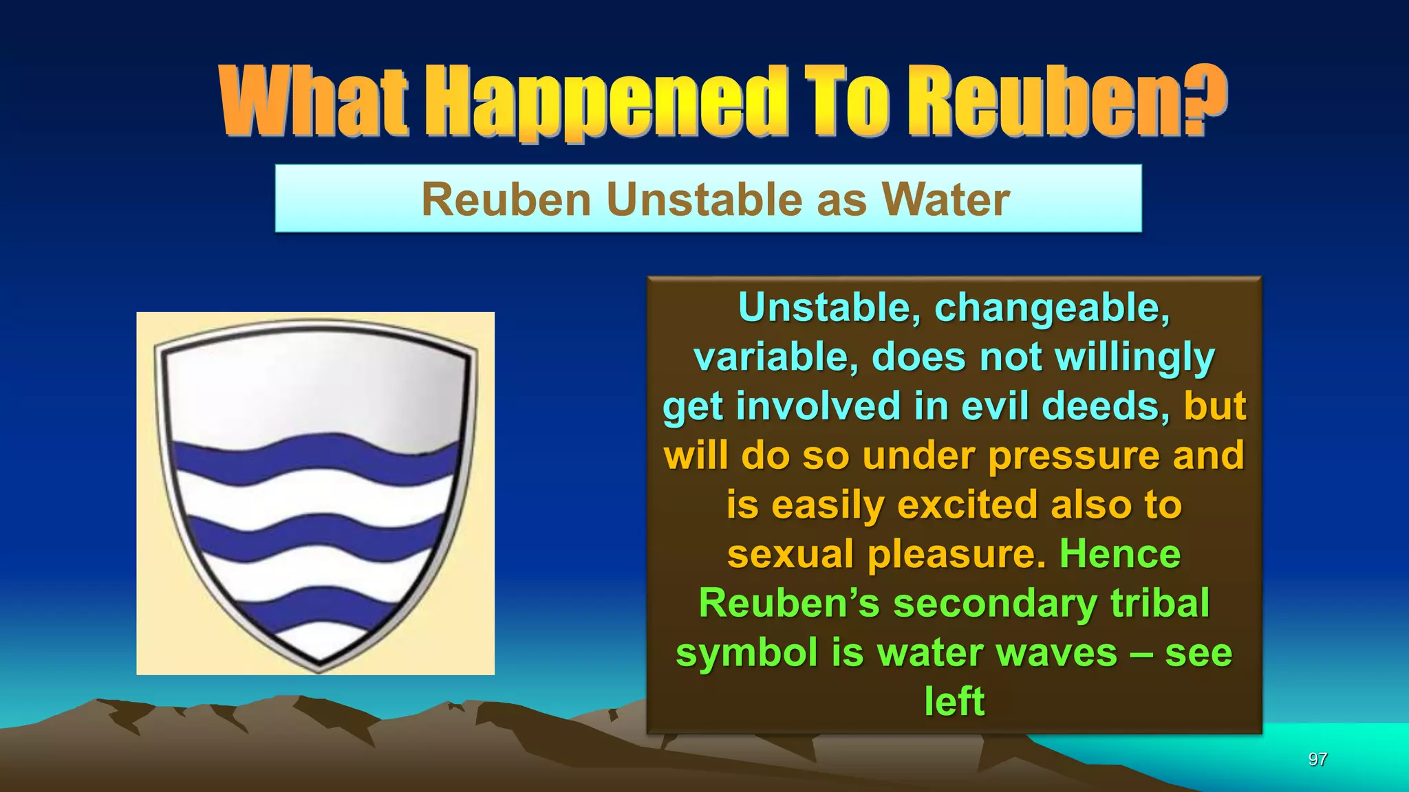 97
Reuben Unstable as Water
Unstable, changeable,
variable, does not willingly
get involved in evil deeds, but
will do so under pressure and
is easily excited also to
sexual pleasure. Hence
Reuben’s secondary tribal
symbol is water waves – see
left
 