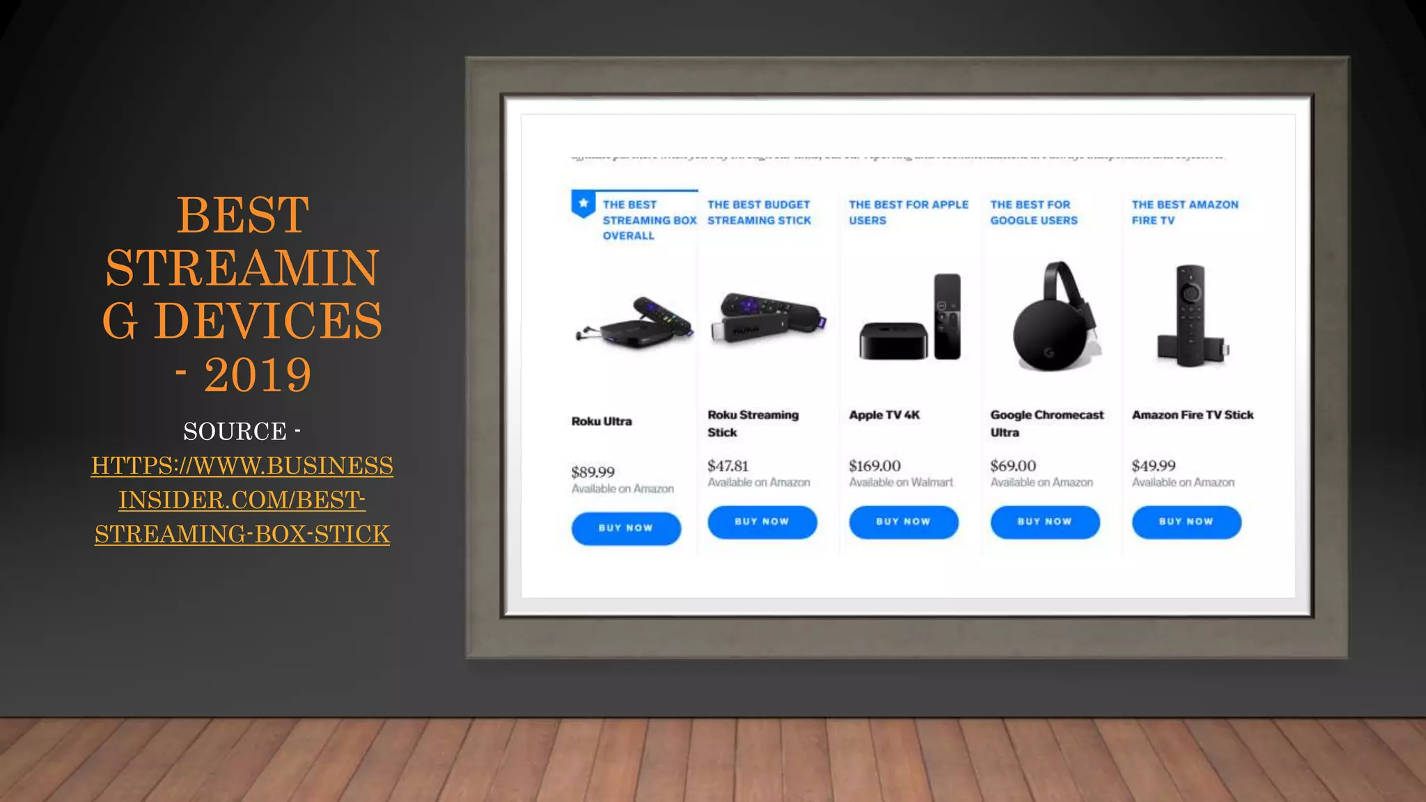 BEST
STREAMIN
G DEVICES
- 2019
SOURCE -
HTTPS://WWW.BUSINESS
INSIDER.COM/BEST-
STREAMING-BOX-STICK
 