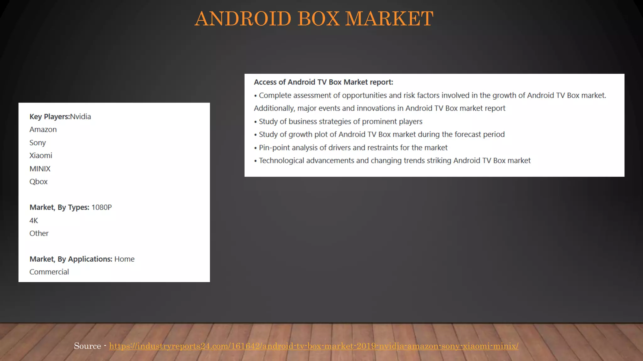 ANDROID BOX MARKET
Source - https://industryreports24.com/161642/android-tv-box-market-2019-nvidia-amazon-sony-xiaomi-minix/
 