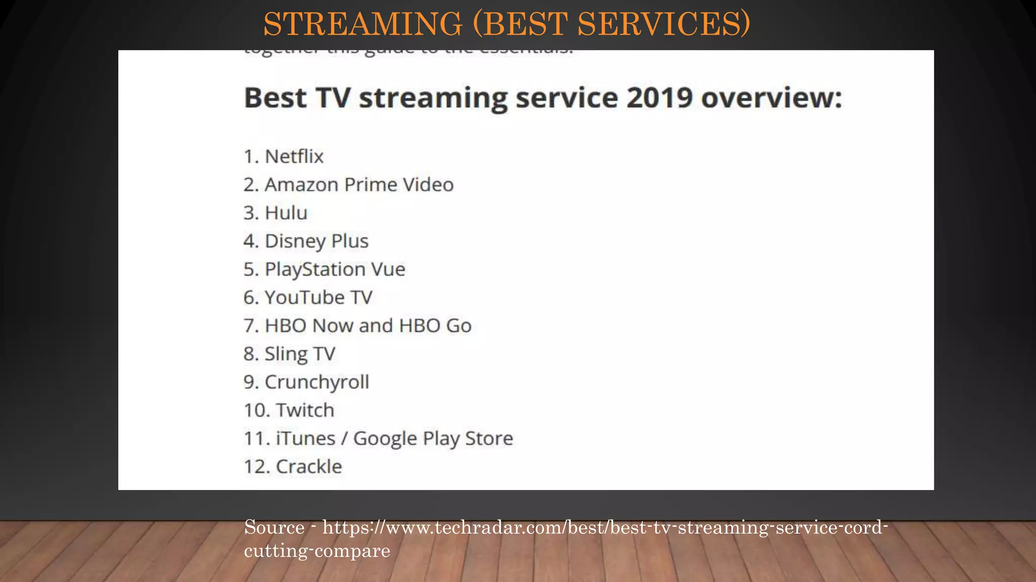 STREAMING (BEST SERVICES)
Source - https://www.techradar.com/best/best-tv-streaming-service-cord-
cutting-compare
 