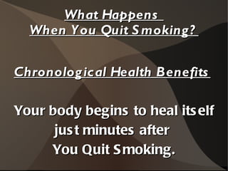 What Happens  When You Quit Smoking? Chronological Health Benefits   Your body begins to heal itself  just minutes after  You Quit Smoking. 