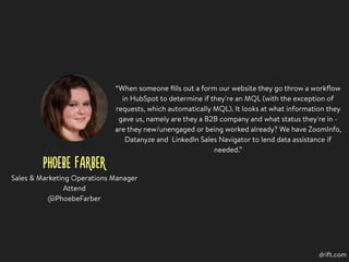 PHOEBE FARBER
“When someone ﬁlls out a form our website they go throw a workﬂow
in HubSpot to determine if they're an MQL ...