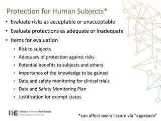 14
• Evaluate risks as acceptable or unacceptable
• Evaluate protections as adequate or inadequate
• Items for evaluation
• Risk to subjects
• Adequacy of protection against risks
• Potential benefits to subjects and others
• Importance of the knowledge to be gained
• Data and safety monitoring for clinical trials
• Data and Safety Monitoring Plan
• Justification for exempt status
Protection for Human Subjects*
*can affect overall score via “approach”
 