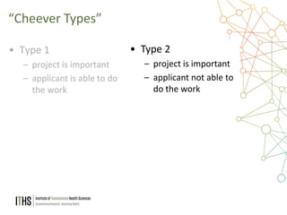 20
• Type 1
– project is important
– applicant is able to do
the work
“Cheever Types”
• Type 2
– project is important
– applicant not able to
do the work
 