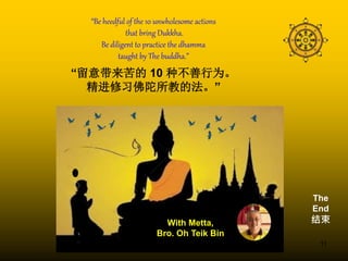 11
With Metta,
Bro. Oh Teik Bin
“Be heedful of the 10 unwholesome actions
that bring Dukkha.
Be diligent to practice the dhamma
taught by The buddha.”
“留意带来苦的 10 种不善行为。
精进修习佛陀所教的法。”
The
End
结束
 