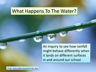 What Happens To The Water?




                                          An inquiry to see how rainfall
                                          might behave differently when
                                          it lands on different surfaces
                                          in and around our school.

Image: Some rights reserved by fox_kiyo
 