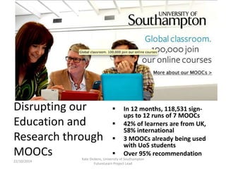Disrupting our 
Education and 
Research through 
MOOCs 
 In 12 months, 118,531 sign-ups 
to 12 runs of 7 MOOCs 
 42% of learners are from UK, 
58% international 
 3 MOOCs already being used 
with UoS students 
 Over 95% recommendation 
22/10/2014 
Kate Dickens, University of Southampton 
FutureLearn Project Lead 
 