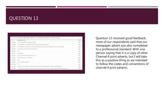 QUESTION 13
Question 13 received good feedback,
most of our respondents said that our
newspaper advert was also completed
to a professional standard. With one
person saying that it is a copy of other
Channel 4 print adverts, but I will take
this as a positive thing as we intended
to follow the codes and conventions of
channel 4 print adverts,
 