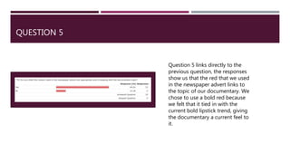 QUESTION 5
Question 5 links directly to the
previous question, the responses
show us that the red that we used
in the newspaper advert links to
the topic of our documentary. We
chose to use a bold red because
we felt that it tied in with the
current bold lipstick trend, giving
the documentary a current feel to
it.
 