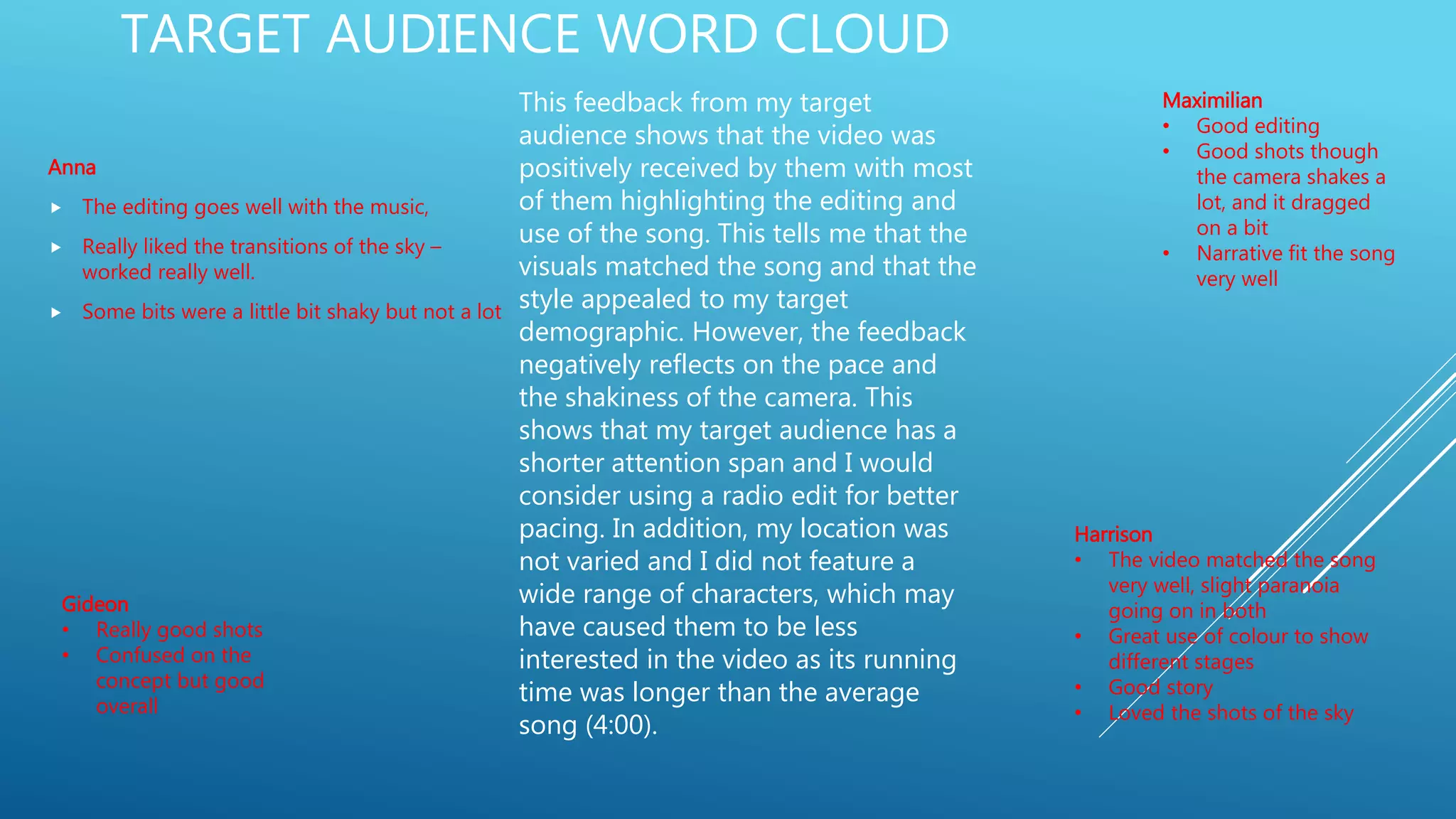 TARGET AUDIENCE WORD CLOUD
Anna
 The editing goes well with the music,
 Really liked the transitions of the sky –
worked really well.
 Some bits were a little bit shaky but not a lot
Gideon
• Really good shots
• Confused on the
concept but good
overall
Harrison
• The video matched the song
very well, slight paranoia
going on in both
• Great use of colour to show
different stages
• Good story
• Loved the shots of the sky
Maximilian
• Good editing
• Good shots though
the camera shakes a
lot, and it dragged
on a bit
• Narrative fit the song
very well
This feedback from my target
audience shows that the video was
positively received by them with most
of them highlighting the editing and
use of the song. This tells me that the
visuals matched the song and that the
style appealed to my target
demographic. However, the feedback
negatively reflects on the pace and
the shakiness of the camera. This
shows that my target audience has a
shorter attention span and I would
consider using a radio edit for better
pacing. In addition, my location was
not varied and I did not feature a
wide range of characters, which may
have caused them to be less
interested in the video as its running
time was longer than the average
song (4:00).
 