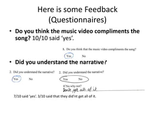 Here is some Feedback (Questionnaires)Do you think the music video compliments the song? 10/10 said ‘yes’.Did you understand the narrative?7/10 said ‘yes’. 3/10 said that they did’nt get all of it.