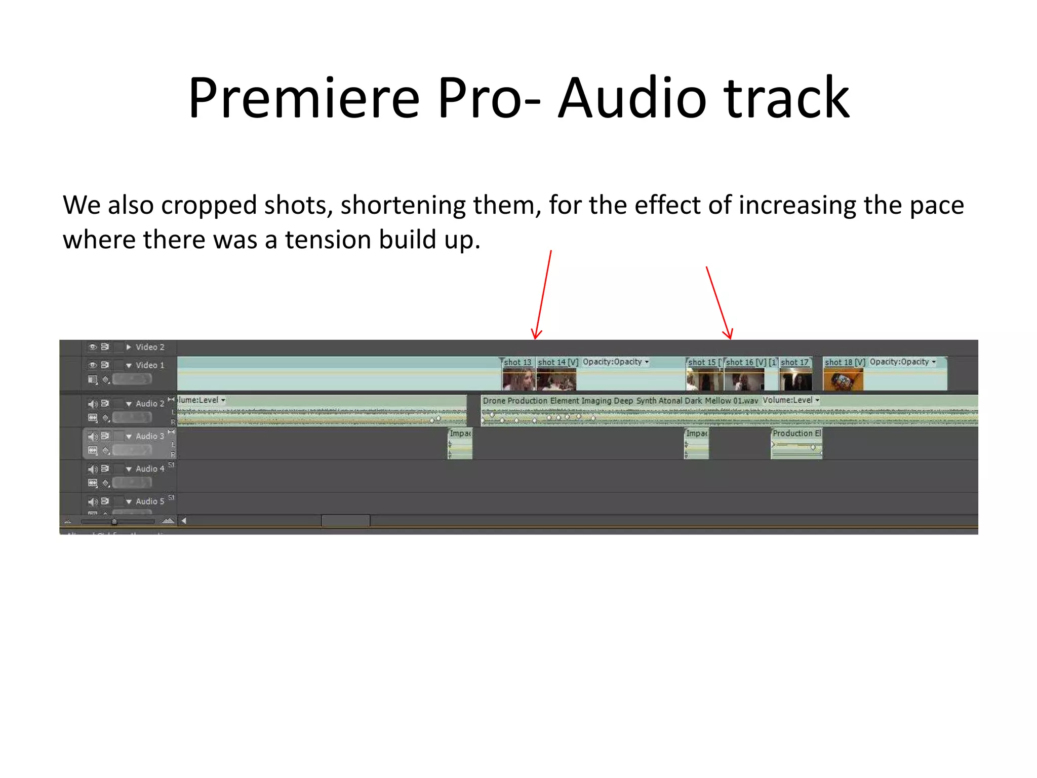 Premiere Pro- Audio track
We also cropped shots, shortening them, for the effect of increasing the pace
where there was a tension build up.
 