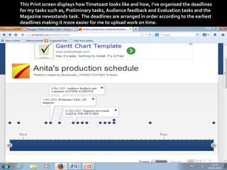 This Print screen displays how Timetoast looks like and how, I’ve organised the deadlines
for my tasks such as, Preliminary tasks, Audience feedback and Evaluation tasks and the
Magazine newsstands task. The deadlines are arranged in order according to the earliest
deadlines making it more easier for me to upload work on time.

 