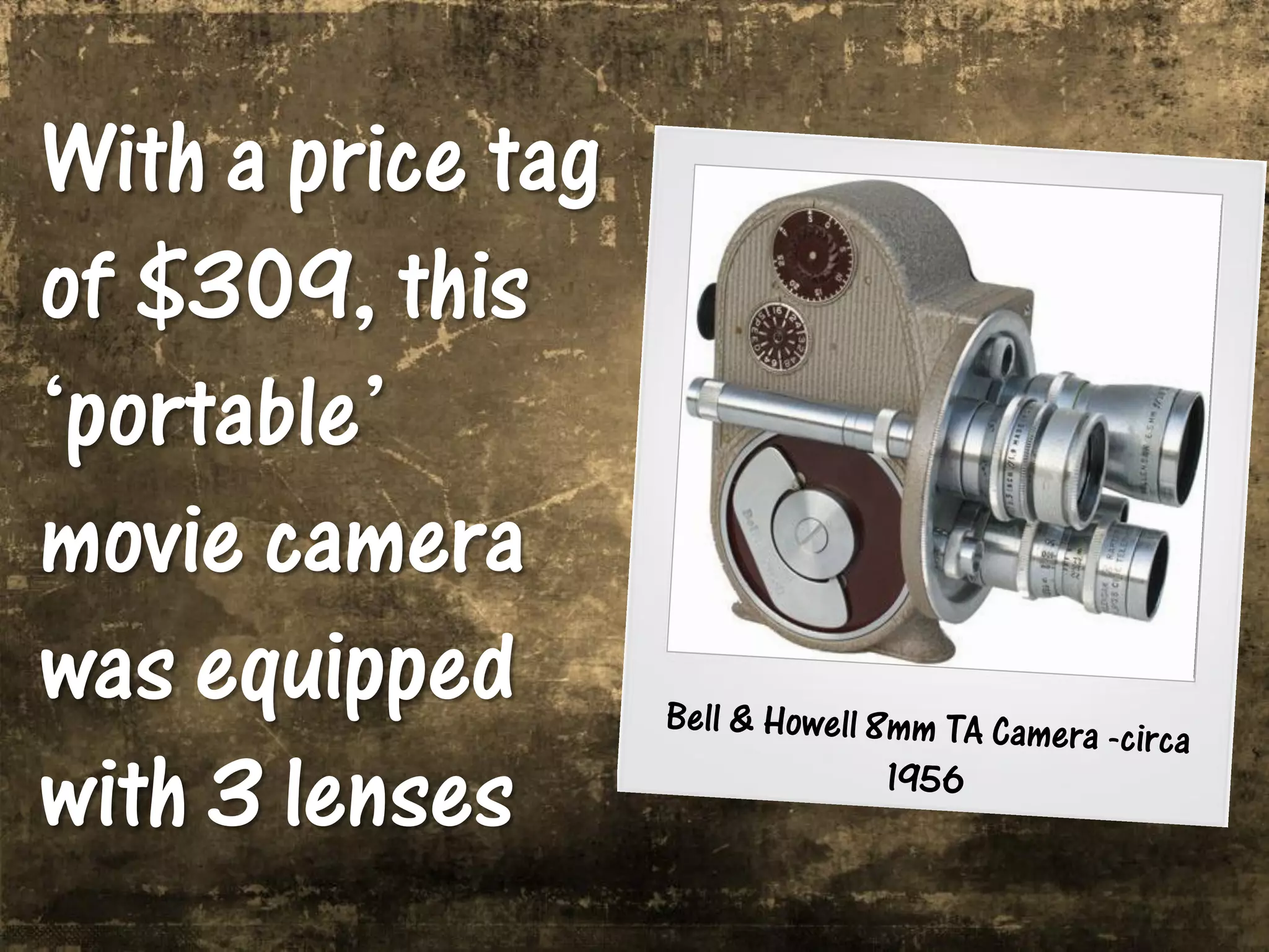 With a price tag
of $309, this
‘portable’
movie camera
was equipped
with 3 lenses
 