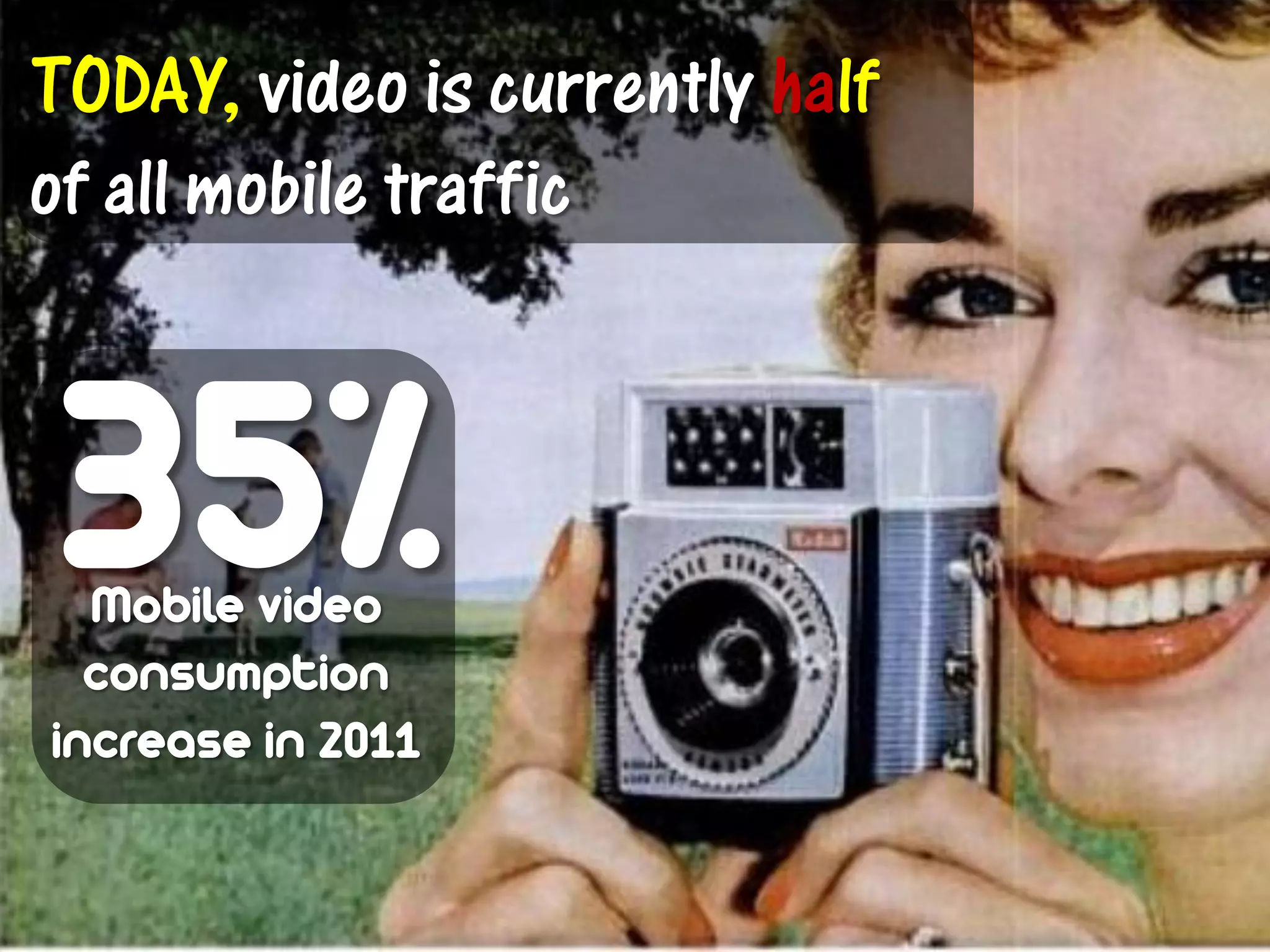 TODAY, video is currently half
of all mobile traffic
 • Stats on mobile or summarize it




35%
  Mobile video
  consumption
increase in 2011
 