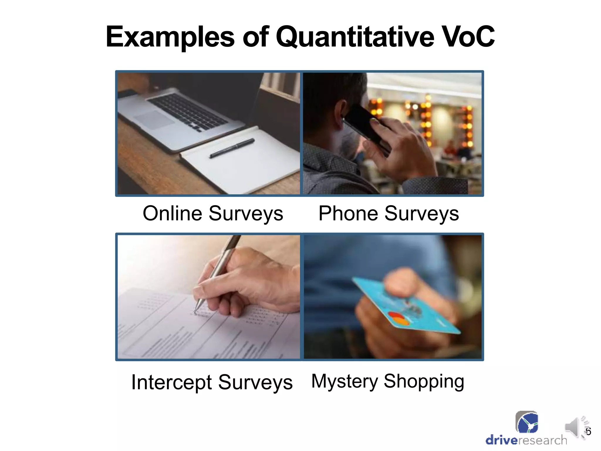 6
Examples of Quantitative VoC
Online Surveys Phone Surveys
Intercept Surveys Mystery Shopping
 