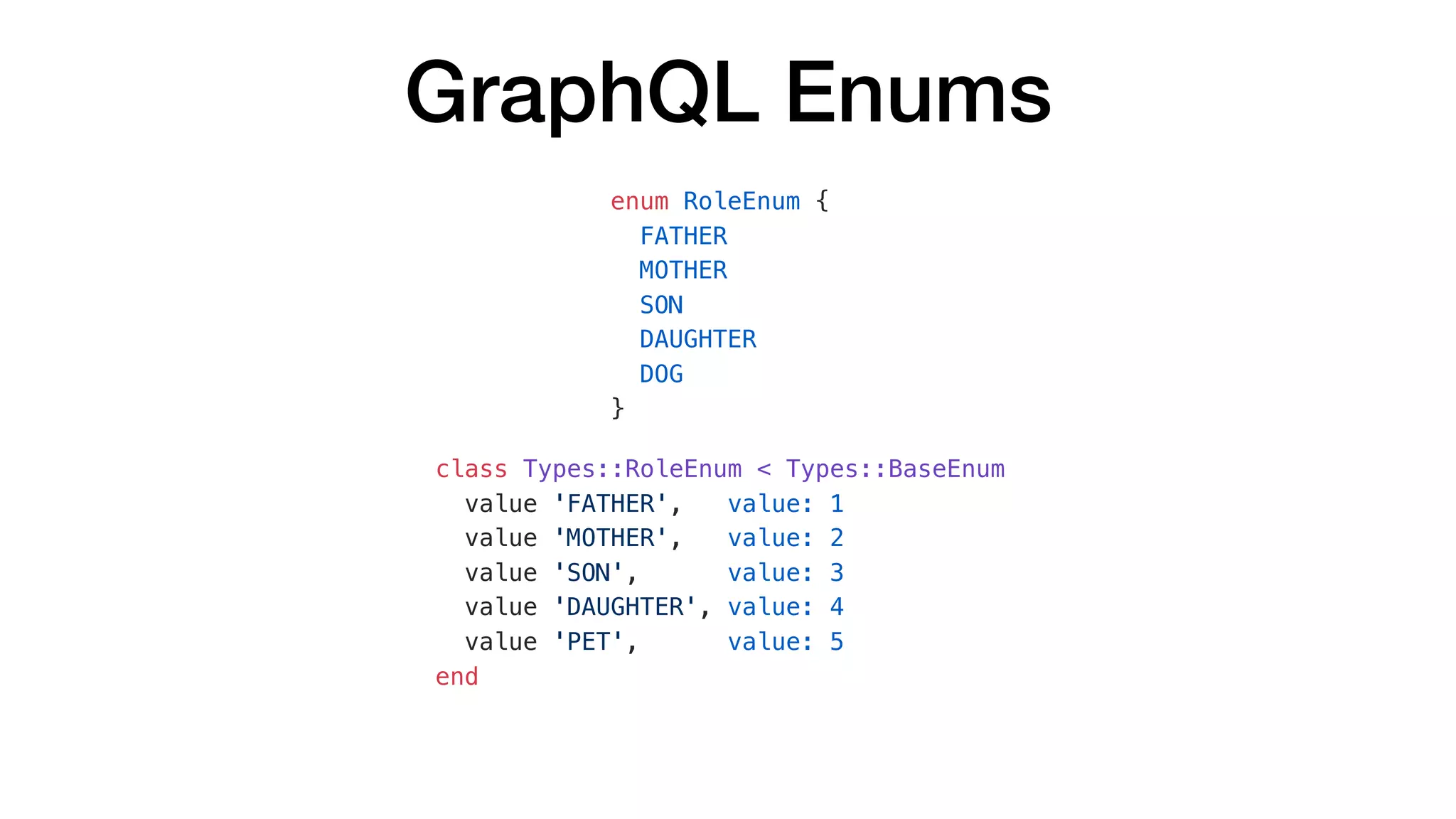 GraphQL Enums
enum RoleEnum {
FATHER
MOTHER
SON
DAUGHTER
DOG
}
class Types::RoleEnum < Types::BaseEnum
value 'FATHER', value: 1
value 'MOTHER', value: 2
value 'SON', value: 3
value 'DAUGHTER', value: 4
value 'PET', value: 5
end
 