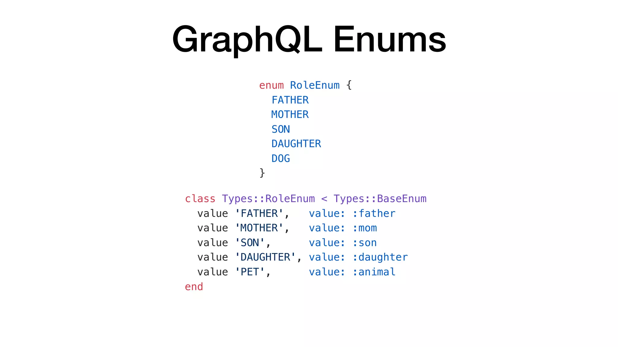 GraphQL Enums
enum RoleEnum {
FATHER
MOTHER
SON
DAUGHTER
DOG
}
class Types::RoleEnum < Types::BaseEnum
value 'FATHER', value: :father
value 'MOTHER', value: :mom
value 'SON', value: :son
value 'DAUGHTER', value: :daughter
value 'PET', value: :animal
end
 