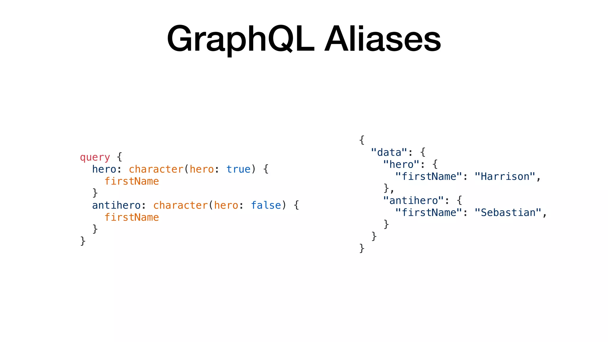 GraphQL Aliases
query {
hero: character(hero: true) {
firstName
}
antihero: character(hero: false) {
firstName
}
}
{
"data": {
"hero": {
"firstName": "Harrison",
},
"antihero": {
"firstName": "Sebastian",
}
}
}
 