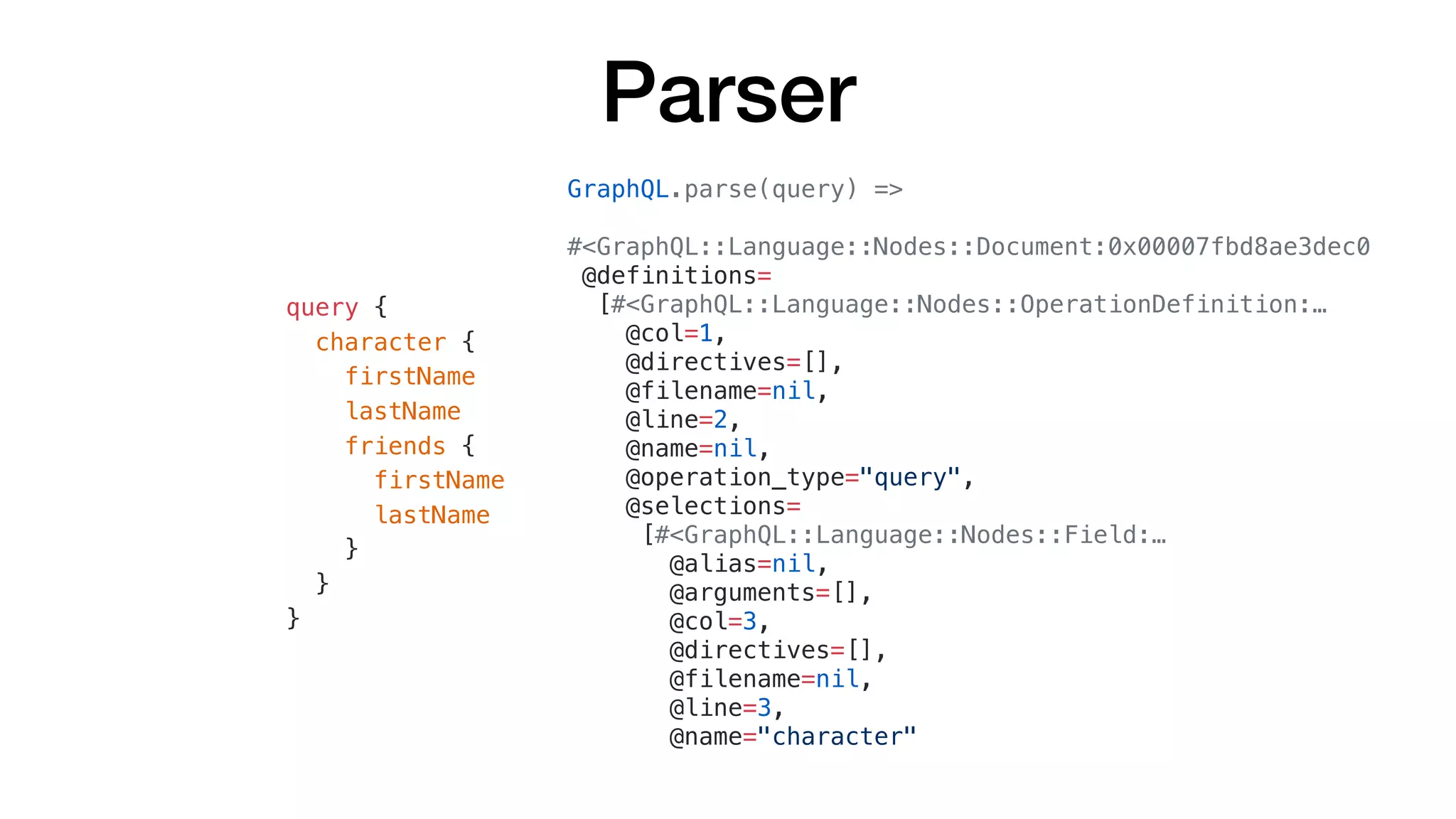 Parser
query {
character {
firstName
lastName
friends {
firstName
lastName
}
}
}
GraphQL.parse(query) =>
#<GraphQL::Language::Nodes::Document:0x00007fbd8ae3dec0
@definitions=
[#<GraphQL::Language::Nodes::OperationDefinition:…
@col=1,
@directives=[],
@filename=nil,
@line=2,
@name=nil,
@operation_type="query",
@selections=
[#<GraphQL::Language::Nodes::Field:…
@alias=nil,
@arguments=[],
@col=3,
@directives=[],
@filename=nil,
@line=3,
@name="character"
 