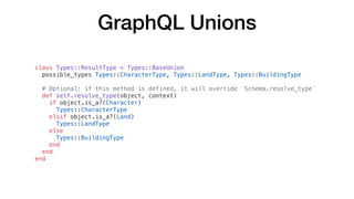 GraphQL Unions
class Types::ResultType < Types::BaseUnion
possible_types Types::CharacterType, Types::LandType, Types::Bui...
