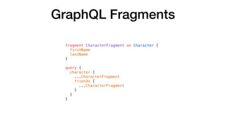 GraphQL Fragments
fragment CharacterFragment on Character {
firstName
lastName
}
query {
character {
...CharacterFragment
...