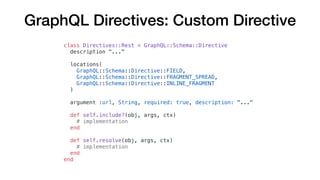 GraphQL Directives: Custom Directive
class Directives::Rest < GraphQL::Schema::Directive
description "..."
locations(
Grap...